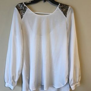 GB white blouse with sequined shoulders.